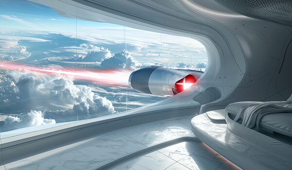Uitzicht vanuit het raam van een futuristisch ruimteschip op een motor boven de wolken met een rode CORBOX-kern – symbool voor de CORBOX Cloud en grenzeloze schaalbaarheid