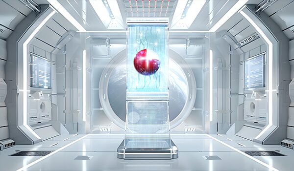 Futuristische weergave van een zwevende rode kern in een hightechlaboratorium – symbool voor CORBOX Intelligence, de intelligente aansturing en automatisering van IT-diensten