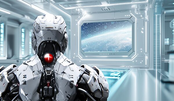 Achterkant van een humanoïde robot met een rode CORBOX-kern in de nek, voor een bedieningsconsole met uitzicht op de ruimte – symbool voor CORBOX Security en uitgebreide bescherming door technologie